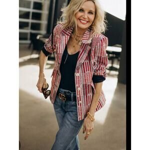 Cabi Red Plaid Blazer Jacket Womens M #6028 Button Front Classic Anchors Preppy